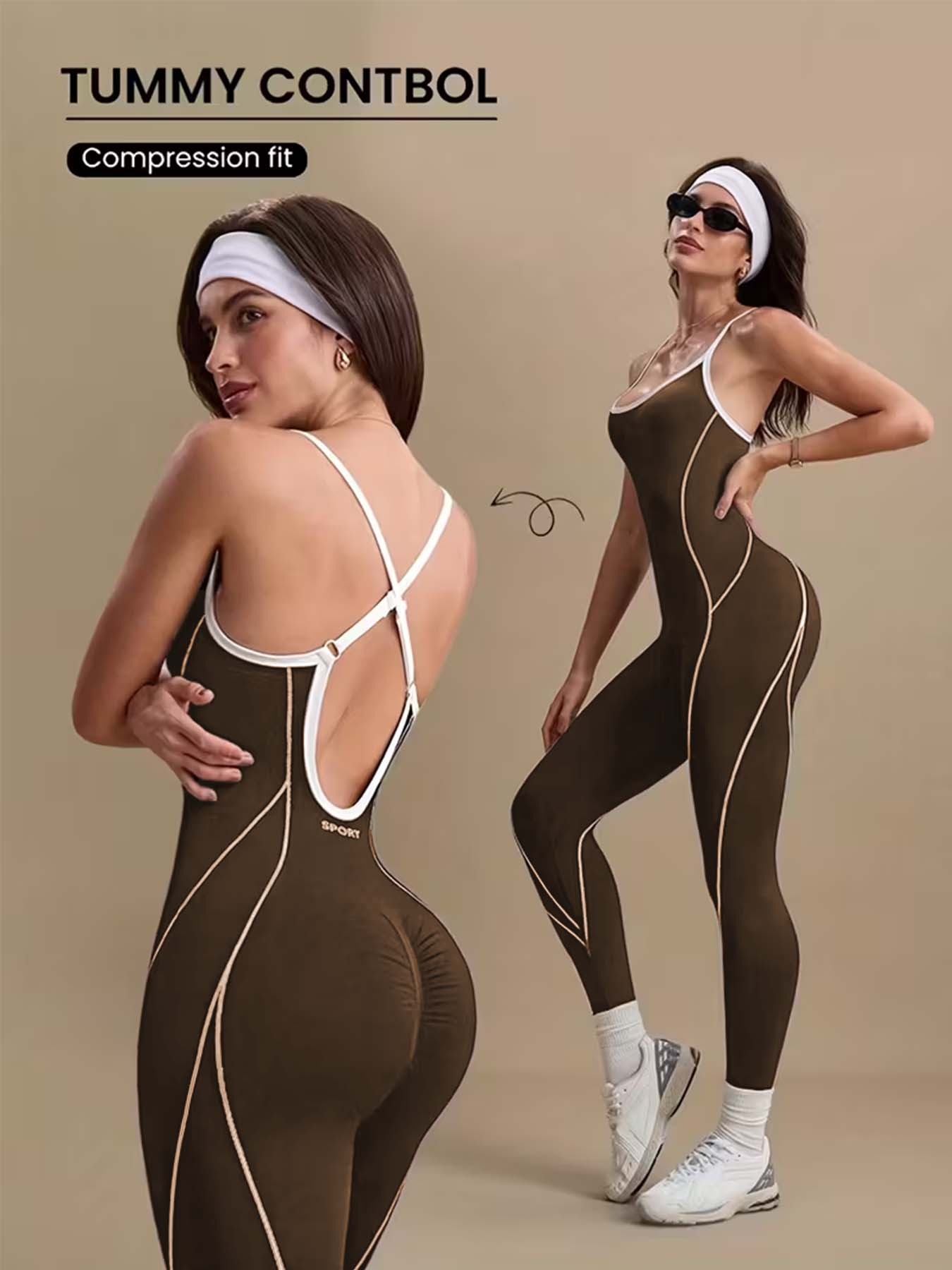 Pilates Ankle Strap - จั๊มสูทโยคะสีน้ำตาลสำหรับผู้หญิง กระชับสัดส่วน ช่วยเก็บหน้าท้อง สายไขว้ด้านหลัง เปิดหลัง เหมาะสำหรับออกกำลังกาย
