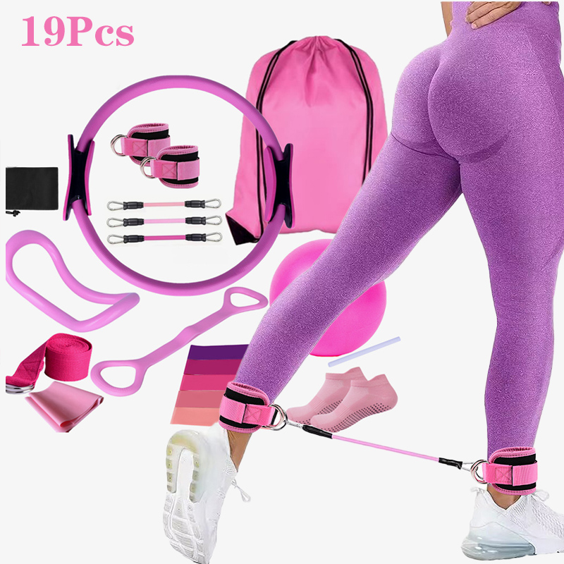 Pilates Ankle Strap - ชุดอุปกรณ์โยคะพิลาทิส 19 ชิ้น สายรัดข้อเท้าสำหรับออกกำลังกาย สายยืดออกกำลังกาย สีไล่ระดับ